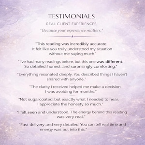 May include: A light purple background with the word "TESTIMONIALS" at the top, followed by client experiences. Several quotes are displayed, including "This reading was incredibly accurate" and "I felt seen and understood."