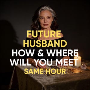 Könnte beinhalten: Eine Frau mit grauem Haar sitzt an einem Tisch mit Tarotkarten, einer brennenden Kerze und einem Kristall. Der Text lautet "FUTURE HUSBAND HOW & WHERE WILL YOU MEET SAME HOUR" in Gelb und Weiß.