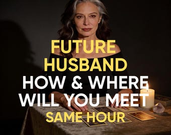 May include: A woman with gray hair sits at a table with tarot cards, a lit candle, and a crystal. The text reads "FUTURE HUSBAND HOW & WHERE WILL YOU MEET SAME HOUR" in yellow and white.
