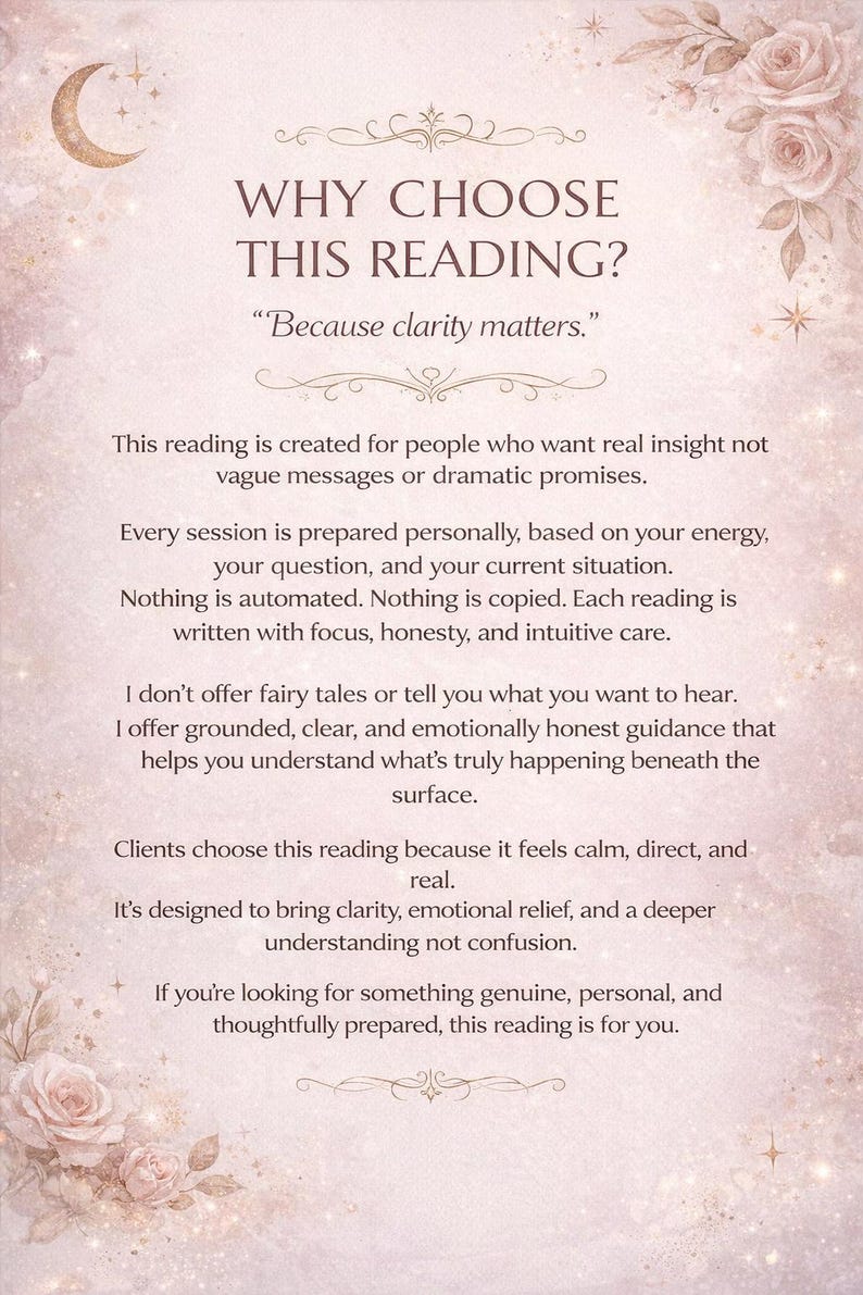 May include: A soft pink and cream-colored background with text that reads "WHY CHOOSE THIS READING?" and "Because clarity matters." The text describes a personalized reading service offering genuine insight and emotional relief.