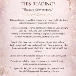 May include: A soft pink and cream-colored background with text that reads "WHY CHOOSE THIS READING?" and "Because clarity matters." The text describes a personalized reading service offering genuine insight and emotional relief.