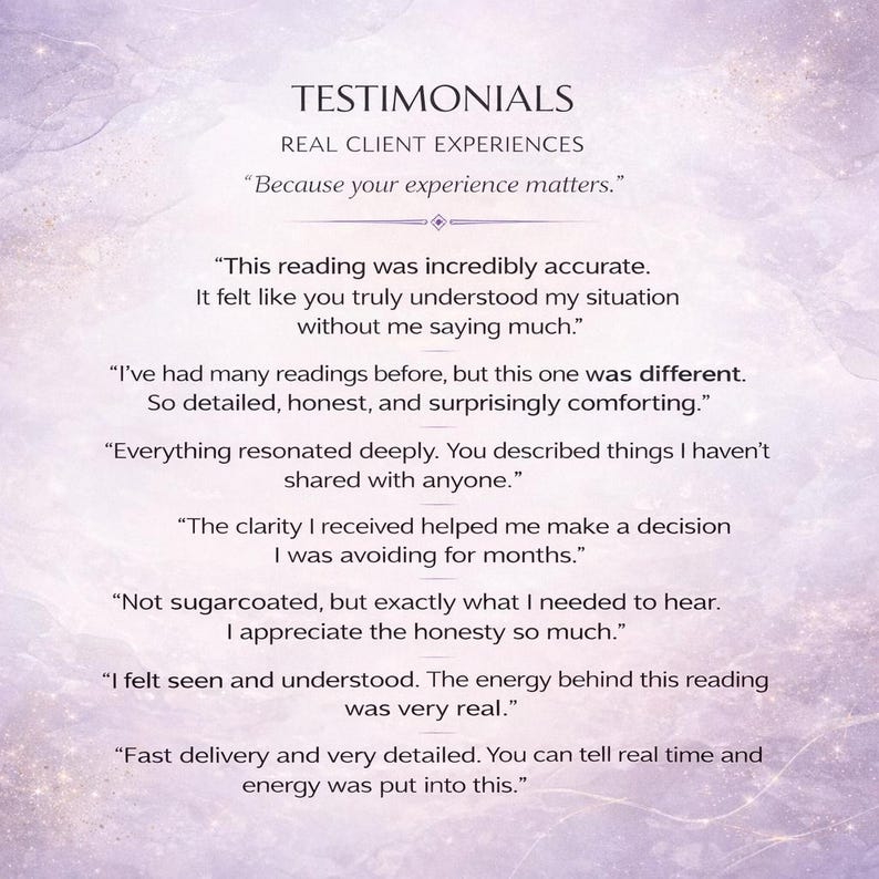 May include: A light purple background with the word "TESTIMONIALS" at the top, followed by client experiences. Several quotes are listed below, including "This reading was incredibly accurate."