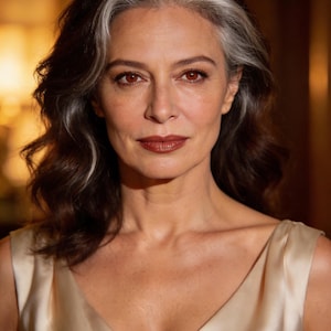 May include: A woman with dark brown hair, highlighted with silver streaks, and brown eyes. She wears a cream-colored satin dress with a V-neckline. The lighting is warm, creating a soft glow on her face and dress.