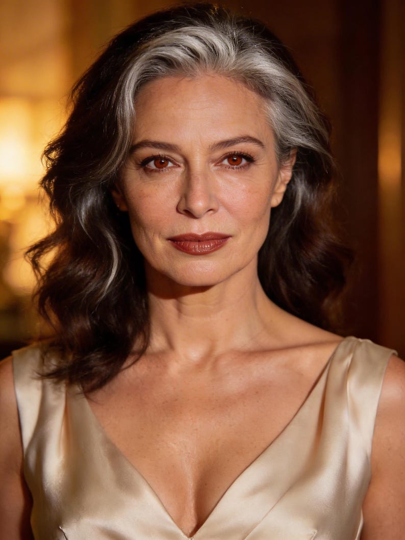 May include: A woman with dark brown hair, highlighted with silver streaks, and brown eyes. She wears a cream-colored satin dress with a V-neckline. The lighting is warm, creating a soft glow on her face and dress.