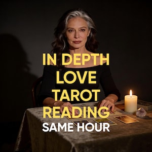 May include: An image featuring a woman with graying hair seated at a table, with the text "IN DEPTH LOVE TAROT READING SAME HOUR" in yellow. Tarot cards are laid out, and a lit candle and crystal are on the table.