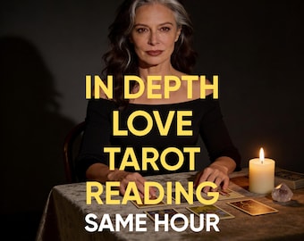 May include: A woman with grey hair sits at a table with tarot cards, a lit candle, and a crystal. The image has the text "IN DEPTH LOVE TAROT READING SAME HOUR" in yellow. The scene is set against a dark background.
