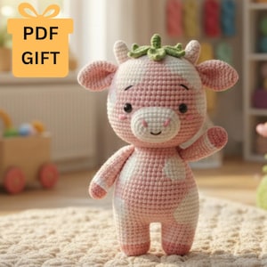 May include: A crochet cow plush toy featuring a pink and white spotted pattern, small horns, and a green leaf-like detail on its head. The toy has black eyes, a stitched smile, and pink blush marks. A yellow box icon with the text PDF GIFT is visible.