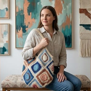 May include: A handmade crochet tote bag with a geometric pattern in shades of blue, brown, and cream. The bag has a square shape and a long strap. The bag is held by a person wearing a light-colored shirt and jeans.