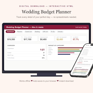 Planer budżetu ślubnego, interaktywny panel ślubny, śledzenie listy gości, edytowalny szablon HTML