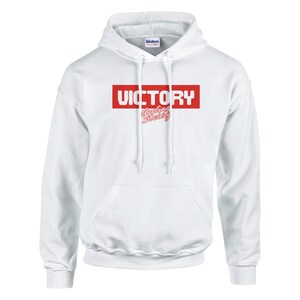 May include: White hooded sweatshirt with a front pocket and drawstring. The front features the word "VICTORY" in bold red letters inside a red rectangle, with "Angling Society" in smaller red script below.