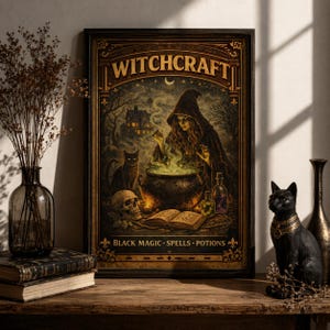 May include: A framed print with the word "WITCHCRAFT" at the top. The image depicts a witch stirring a cauldron with a black cat, skull, and spell book. The text "BLACK MAGIC • SPELLS • POTIONS" is at the bottom.