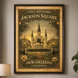 Puede incluir: Póster vintage enmarcado con el texto "Visit Historic Jackson Square New Orleans Louisiana". La obra de arte muestra una ilustración detallada de la plaza, con una catedral, una estatua y edificios, con un fondo de puesta de sol. El póster tiene un marco marrón.