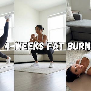 Puede incluir: Una mujer realiza varios ejercicios, incluyendo planchas, sentadillas y puentes de cadera con una banda de resistencia. El texto "4-WEEKS FAT BURN" está superpuesto en la imagen. Lleva un sujetador deportivo blanco y leggings negros.