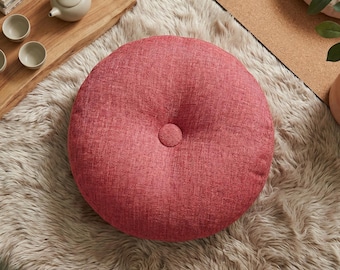 Round Pink Linen Floor Cushion - Soft Japanese Pouf 40cm for Meditation, Yoga and Home Decor