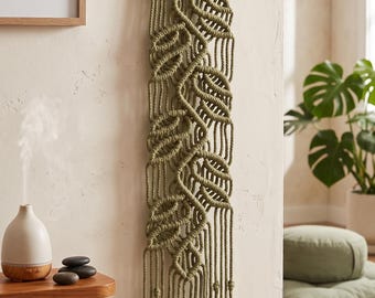 Boho macrame wall hanging in natural rope with decorative beads