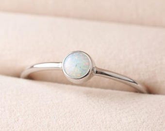 White Opal Silver Ring, Minimalist Simple, Round Inlay, 925 Sterling Stacking Ring, Handmade Jewelry for Women, Gift Item for Etsy