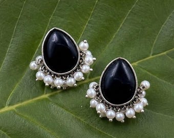 Sterling Silver Black Onyx Teardrop Earrings, Black Pear Gemstone Silver Earrings, Onyx Earrings, Stud Earrings, Stud Earlobe Earrings