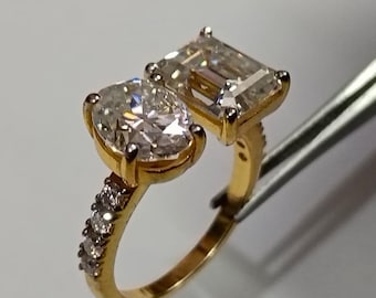 Gold Tone Silver Double Stone Ring, Adjustable Statement Ring, Sparkly Crystal Ring, Minimalist Cocktail Ring, Gift for Women