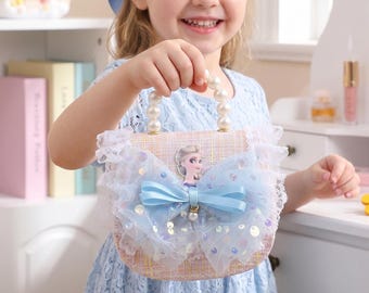 Princess Elsa Crossbody Purse for Girls, Toddler Pearl Handle Handbag,Cute Sequins Bow Dress Bag, Birthday Gift for Kids, Flower Girl Purse