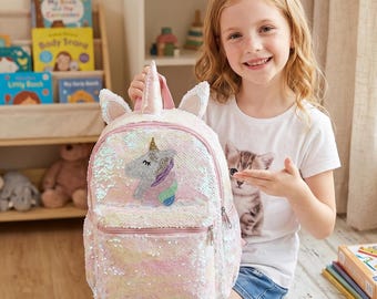 Magical Unicorn Sequin Backpack for Girls,Sparkling Reversible Flip Sequin School Bag,Toddler Rucksack,Pink Glitter Birthday Gift for Kids