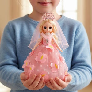 May include: A doll with blonde hair wearing a pink dress adorned with pink butterfly appliques and a sheer pink veil. The doll features a small pink tiara on its head and a bodice with a white collar and silver accents, standing in a full skirt.