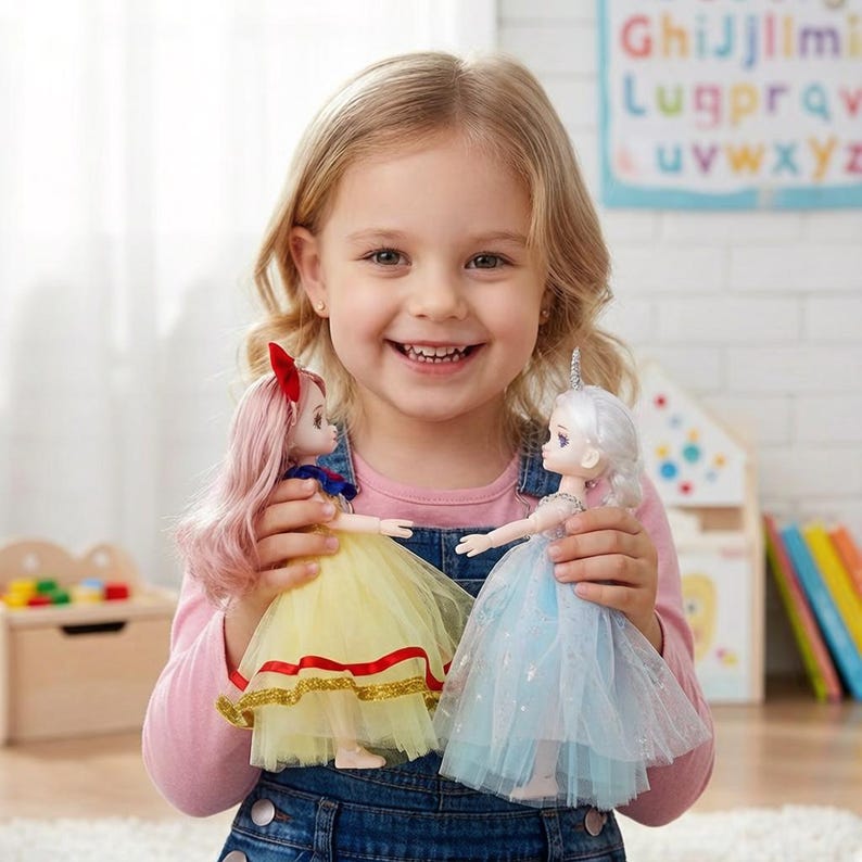 May include: Two dolls with articulated limbs. One doll has long pink hair, a red bow, and a yellow tulle dress with red trim. The other doll has long white hair, a silver crown, and a light blue tulle dress with gold star accents.