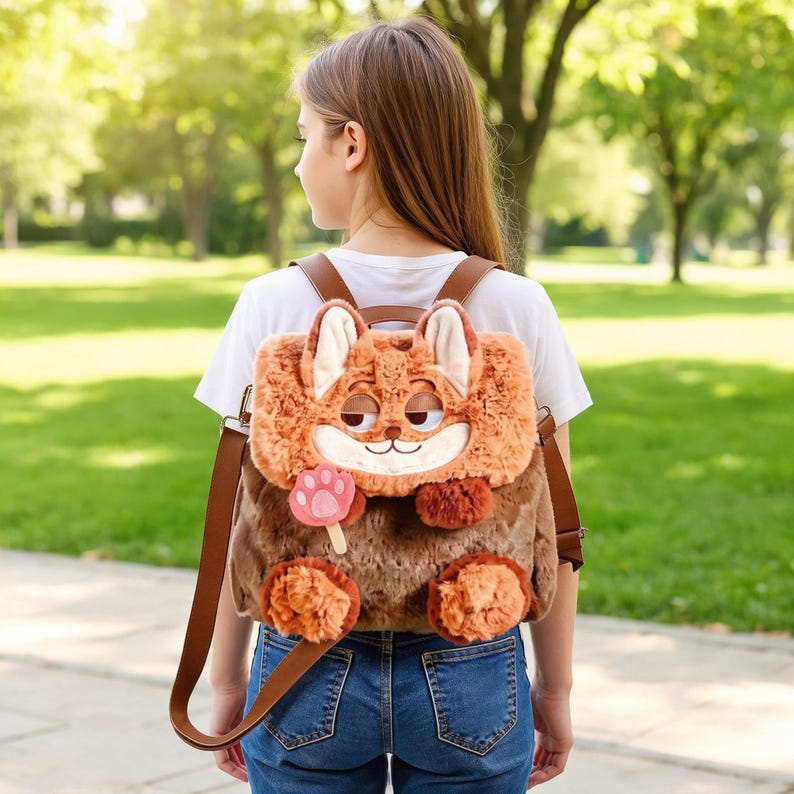 May include: A novelty backpack in the shape of a fox, with a plush, textured exterior in shades of brown and orange. It has brown leather straps and a smiling fox face. The backpack is worn by a person in a white t-shirt and blue jeans.