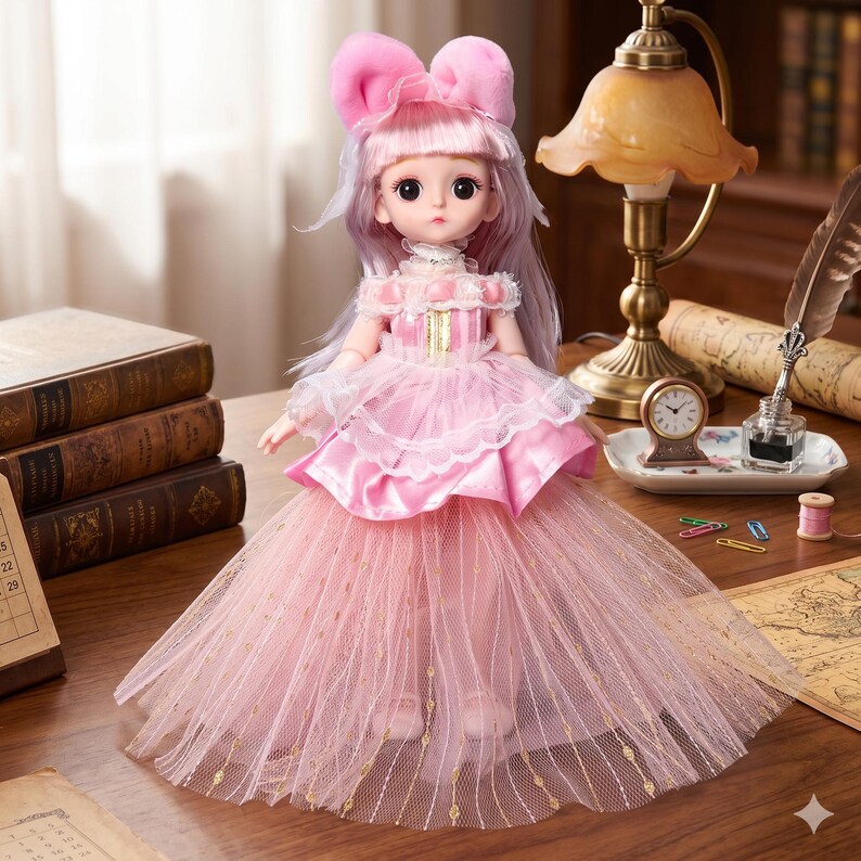 May include: A doll with long light purple hair and a pink bow headband, wearing a layered pink dress with a satin bodice and a tulle skirt featuring gold accents. The doll has large dark eyes and a small mouth, standing in a formal gown.