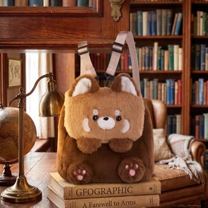May include: A brown and tan plush red panda backpack with a white face and pink paw pads. The backpack has adjustable straps and is placed on two books. The books are titled "GEOGRAPHIC" and "A Farewell to Arms".