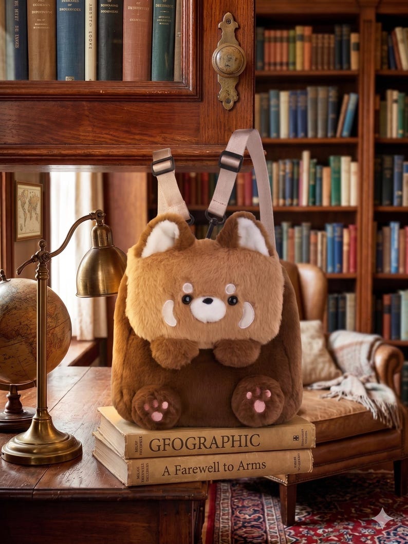 May include: A brown and tan plush red panda backpack with a white face and pink paw pads. The backpack has adjustable straps and is placed on two books. The books are titled "GEOGRAPHIC" and "A Farewell to Arms".