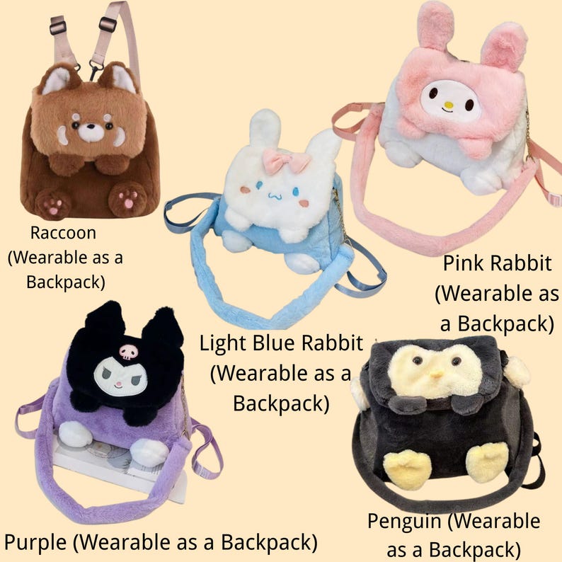 May include: Five plush backpacks shaped like animals. The collection includes a brown raccoon, a light blue rabbit, a pink rabbit, a purple character, and a penguin. Each bag has a strap for wearing.