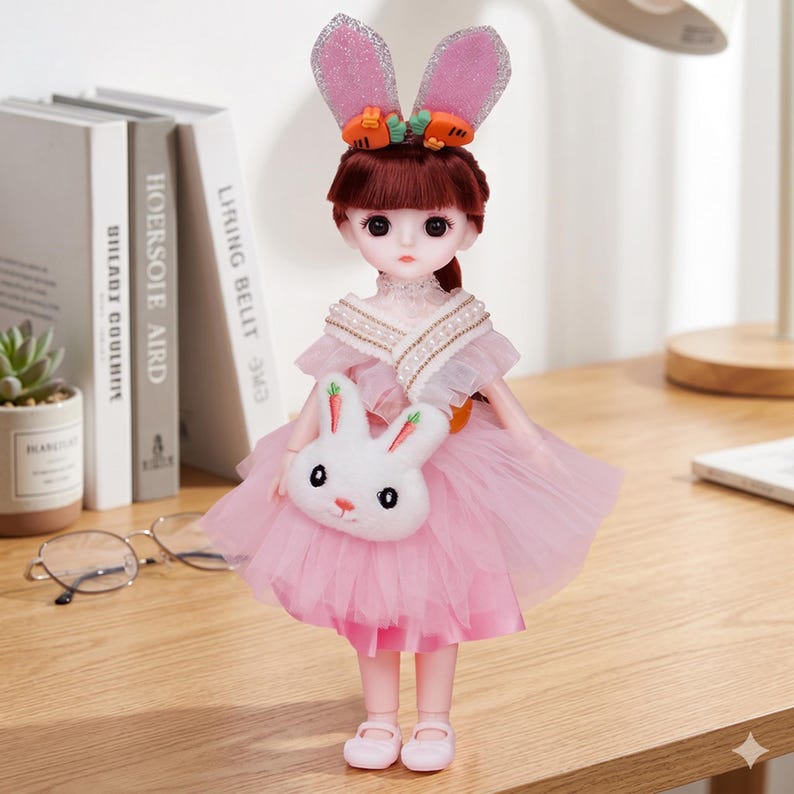 May include: A doll with brown hair wearing a pink tulle dress, a white rabbit-shaped crossbody bag, and a headband featuring pink glittery rabbit ears with small orange carrot accents. The doll has large dark eyes and wears light pink shoes.
