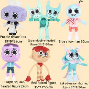 May include: A collection of six plush figures: a purple tissue box 19x9x28cm, a green double-headed figure 24x5x30cm, a blue snowman 30cm, a purple square-headed figure 27cm, a red-haired figure 15x11x27cm, and a lake-blue ram-horned figure 20x7x30cm.