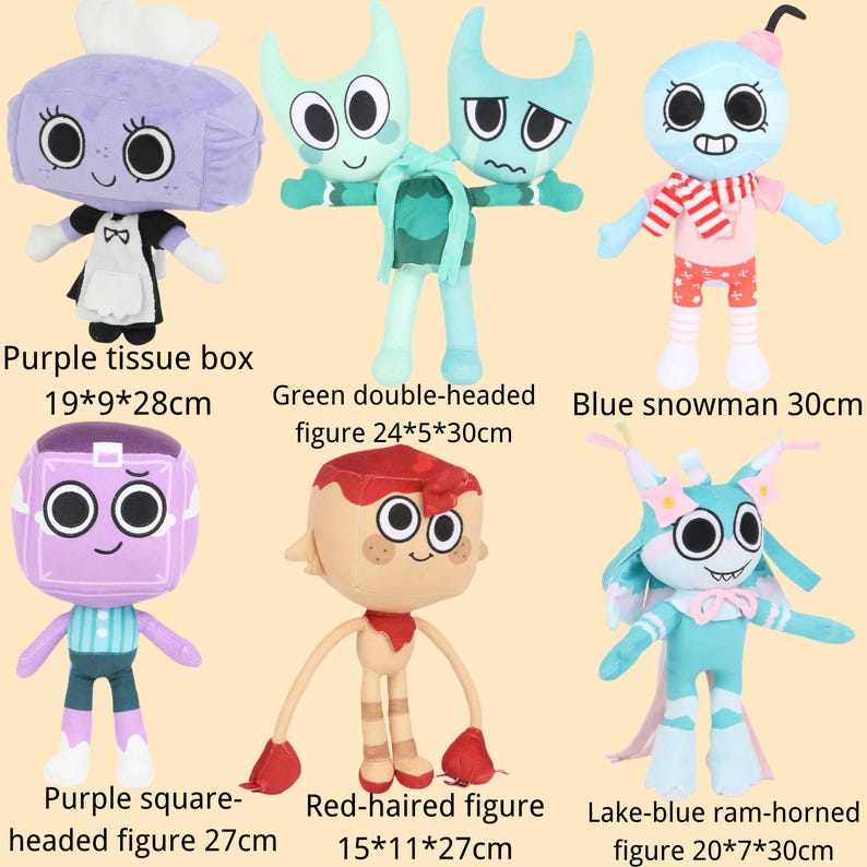 May include: A collection of six plush figures: a purple tissue box 19x9x28cm, a green double-headed figure 24x5x30cm, a blue snowman 30cm, a purple square-headed figure 27cm, a red-haired figure 15x11x27cm, and a lake-blue ram-horned figure 20x7x30cm.