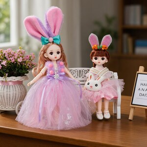 May include: Two dolls with bunny ear headbands. The larger doll has long hair, a purple and pink tulle dress with a teal bow, and pink pom-poms. The smaller doll has brown hair, a pink dress, and holds a small white plush bunny toy.