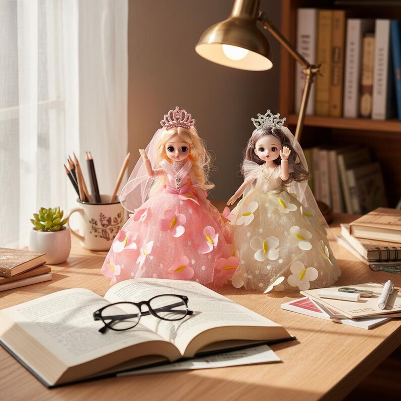 May include: Two dolls wearing princess-style dresses and tiaras with veils. One doll has blonde hair and a pink dress with butterfly accents, while the other has brown hair and a cream-colored dress with white flower-shaped embellishments.