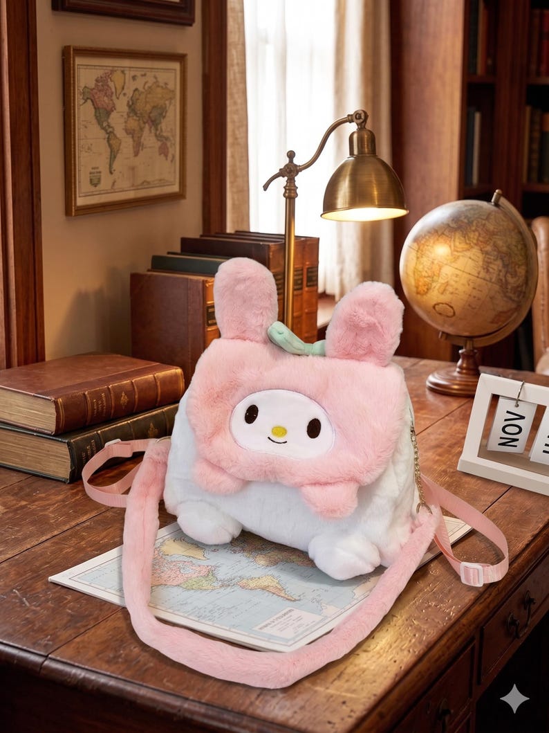 May include: A soft white and pink My Melody crossbody bag featuring a cartoon face and bunny ears. The bag has a long pink strap and is placed on a map. The bag is on a wooden desk with a lamp and globe in the background.