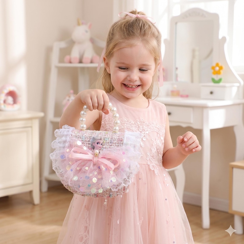 K&ouml;nnte beinhalten: Eine rosa-wei&szlig;e Handtasche mit Perlenhenkel, verziert mit einer rosa Schleife und Pailletten. Die Tasche hat eine wei&szlig;e Spitzentrimmung und eine kleine Puppenfigur. Das M&auml;dchen tr&auml;gt ein rosa Kleid.