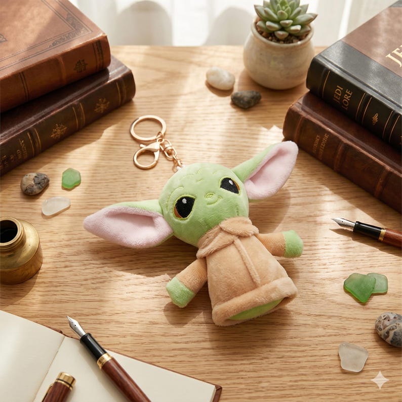 May include: A plush green character keychain with large ears and a tan coat. The keychain has a gold-colored ring and chain. The character is on a wooden surface with books, a small succulent plant, and a fountain pen.