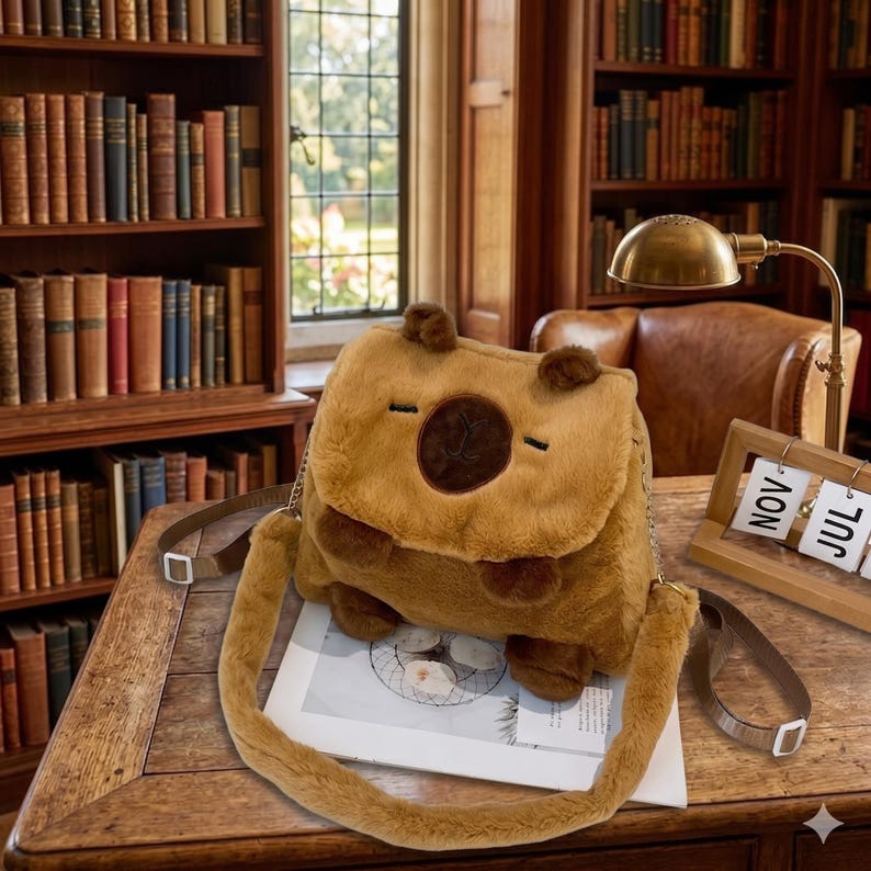 May include: A brown plush shoulder bag in the shape of a cartoon animal, with a flap closure and a brown strap. The bag features a round, dark brown emblem and small, round ears. The bag is on a wooden table.