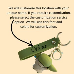 Puede incluir: Un llavero de silicona verde salvia con el nombre Olivia en fuente negra, unido a una anilla de metal plateado y una peque&ntilde;a figura verde. El texto superior dice: We will customize this location with your unique name.