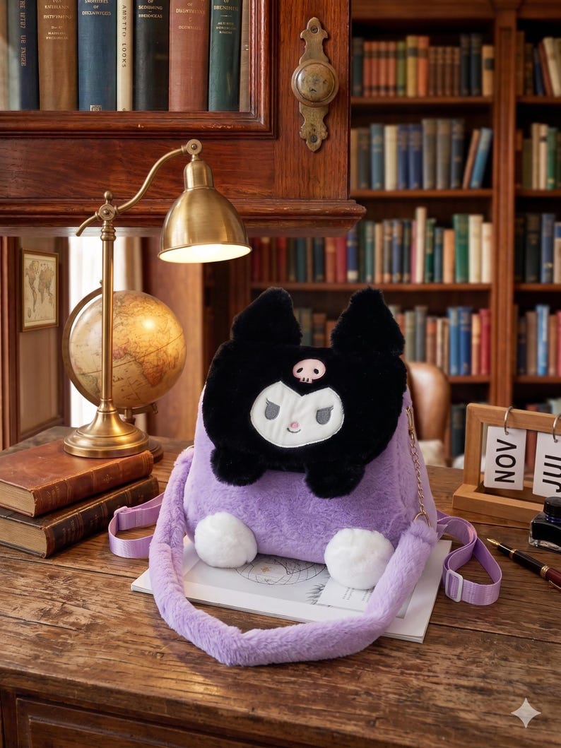 May include: A lavender plush backpack featuring a black character face and white details. The bag has a long, fluffy strap and two white pom-poms. The bag is on a wooden surface.