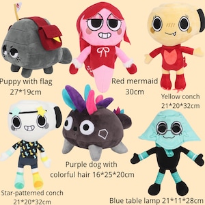 May include: A collection of six plush toys including a grey puppy with a flag, a red mermaid, a yellow conch, a star-patterned conch, a purple dog with colourful hair, and a blue table lamp. Dimensions are listed as 27x19cm, 30cm, 21x20x32cm, and 21x11x28cm.