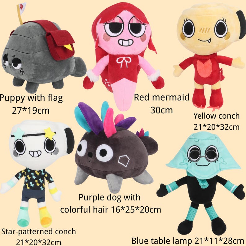 May include: A collection of six plush toys including a grey puppy with a flag, a red mermaid, a yellow conch, a star-patterned conch, a purple dog with colourful hair, and a blue table lamp. Dimensions are listed as 27x19cm, 30cm, 21x20x32cm, and 21x11x28cm.