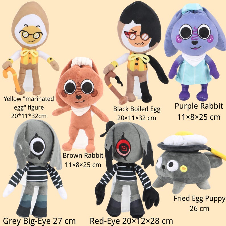 May include: A collection of seven plush figures including a yellow marinated egg, a black boiled egg, a purple rabbit, a brown rabbit, a grey big-eye figure, a red-eye figure, and a fried egg puppy, with dimensions listed in centimetres.