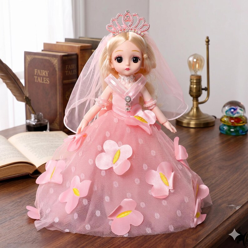 May include: A doll with blonde hair wearing a pink tiara and a pink veil. The doll is dressed in a pink gown featuring a polka dot tulle overlay and several pink flower appliqu&eacute;s with yellow centers. The doll has large eyes and a white collar.