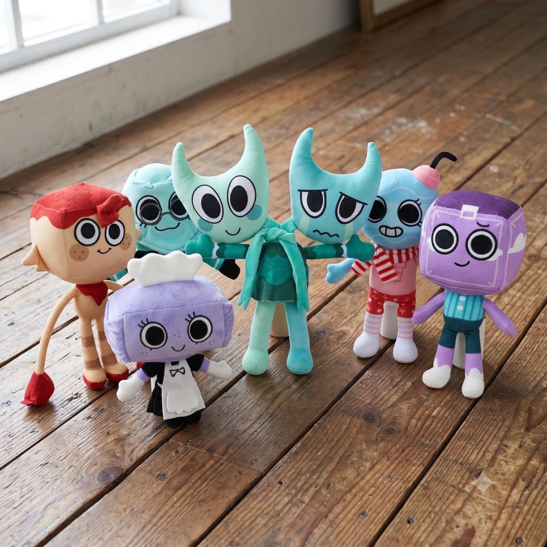 May include: A collection of seven plush toys with large eyes and distinct features, including a red cube-headed figure, a teal horned character, a purple maid-themed plush, a pink figure with a striped scarf, and a purple cube-headed character.