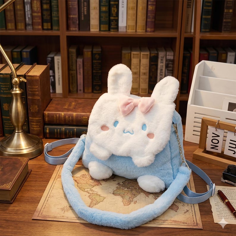 May include: A fluffy, light blue and white bunny-shaped crossbody bag with a pink bow and a cartoon face. The bag has a long, light blue strap and a silver chain. The bag is on a vintage map.