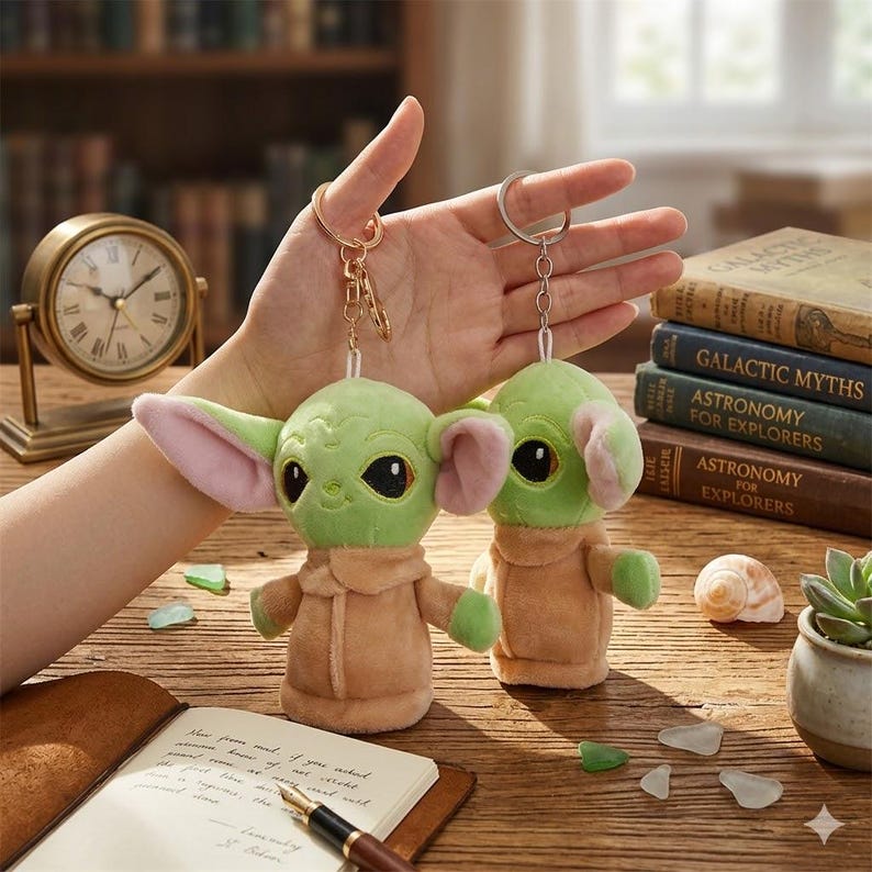 May include: Two plush green alien character keychains with large ears and tan robes are held up by a hand. The keychains have gold and silver metal rings. The background includes books, a clock, and a small succulent plant.