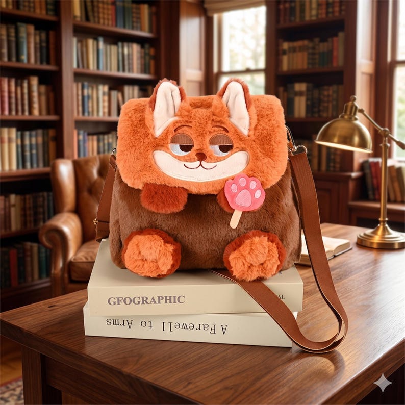 May include: A fluffy, orange fox-shaped shoulder bag with a brown body and paws. The bag features a smiling face, white accents, and a pink paw-shaped lollipop. The bag has a brown strap and is sitting on top of two books.